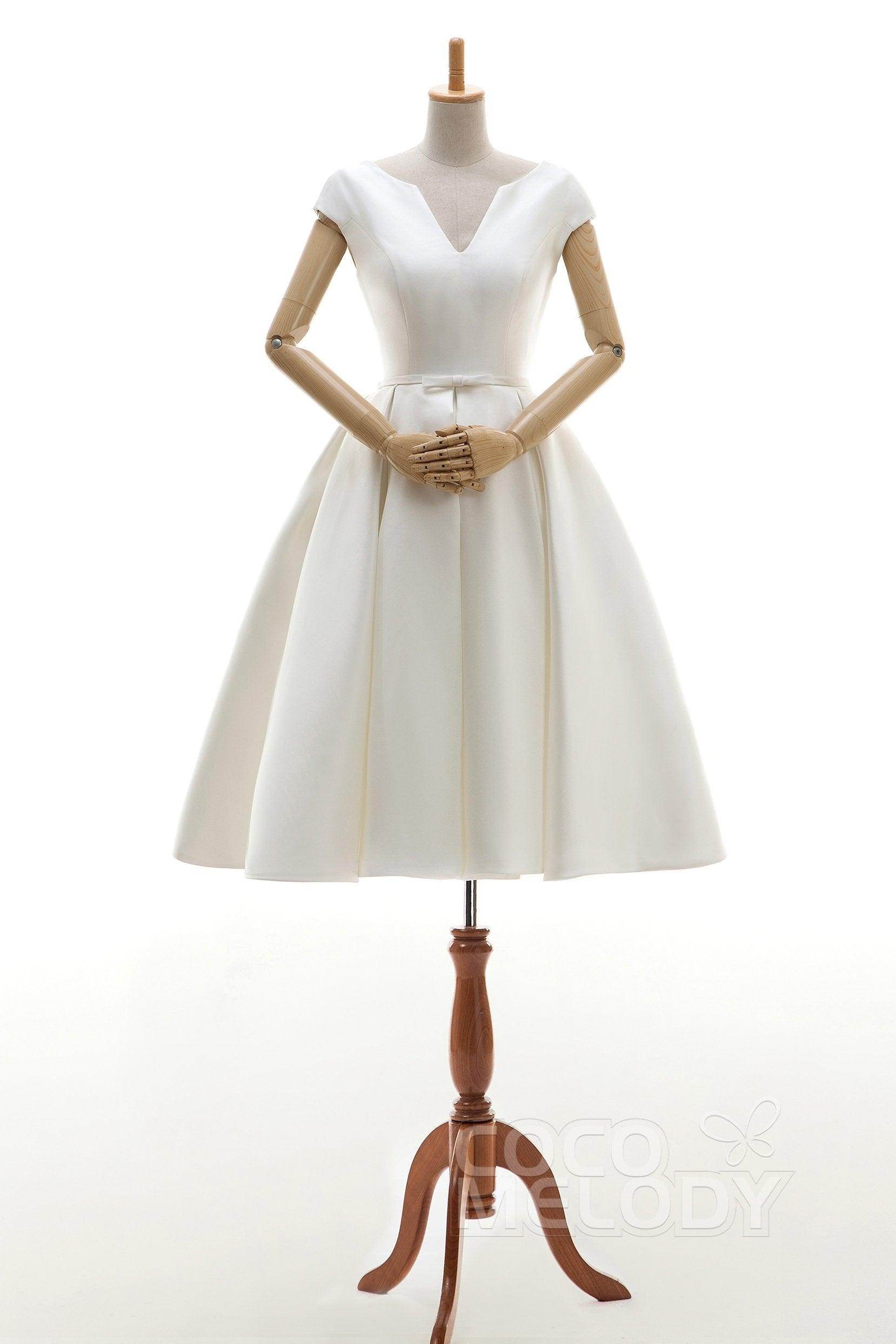 A-Line Knee Length Satin Wedding Dress JWLK16001 - COCOMELODY